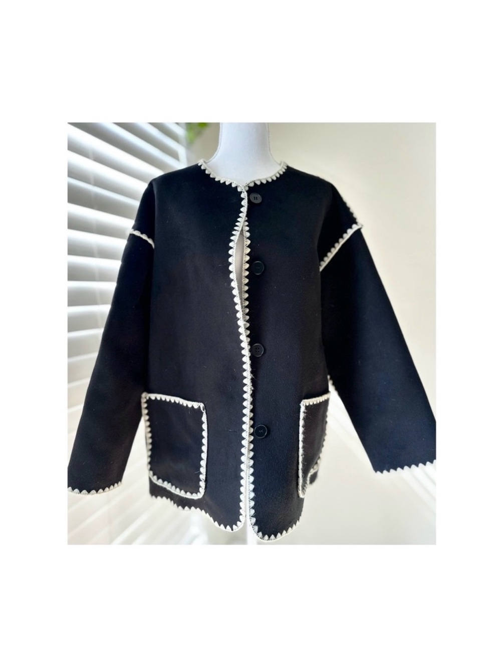 Commense Black Pea Coat with White Trim and Fringe
